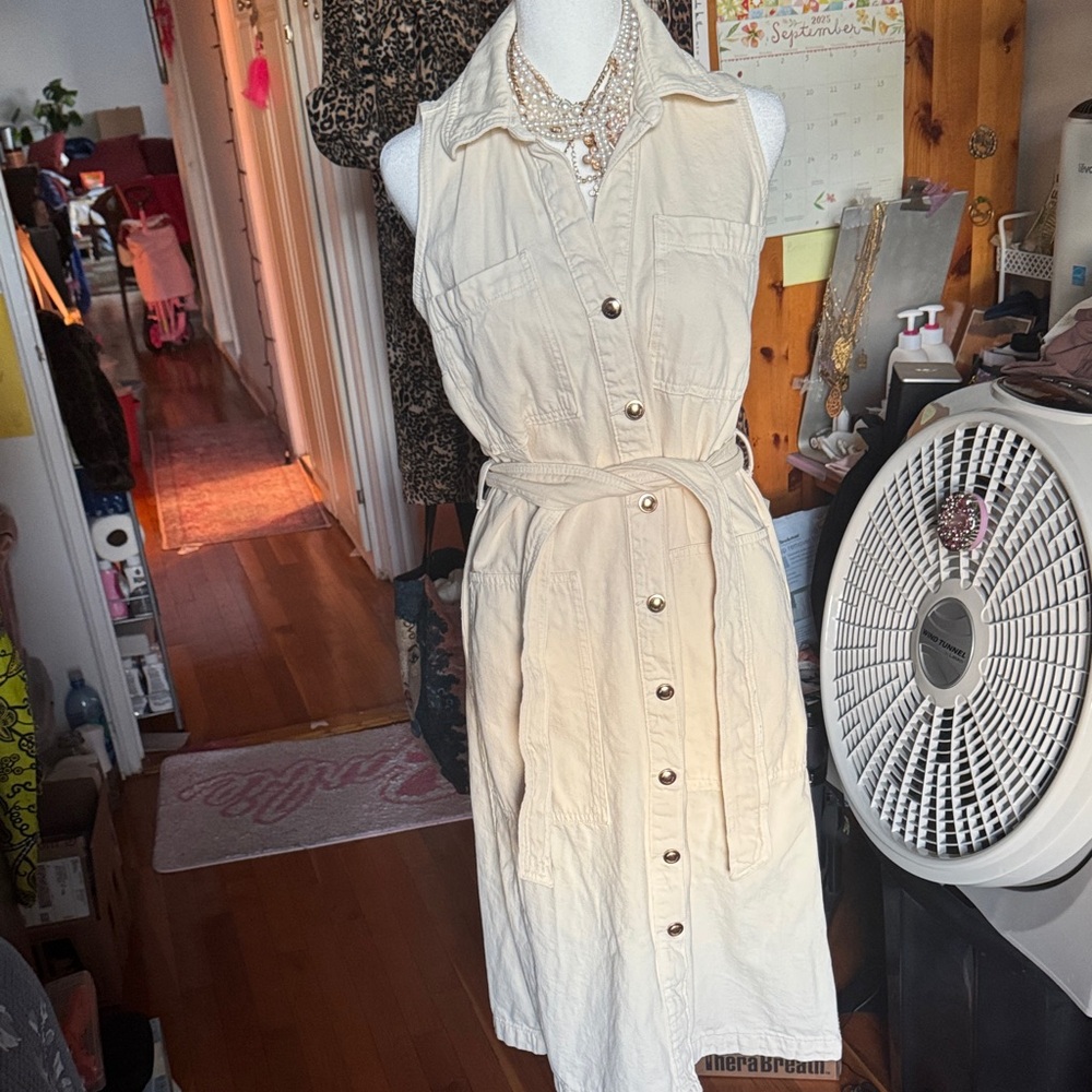 MICHAEL Michael Kors Cream Button-Front Midi Denim Shirt Dress Small NWOT